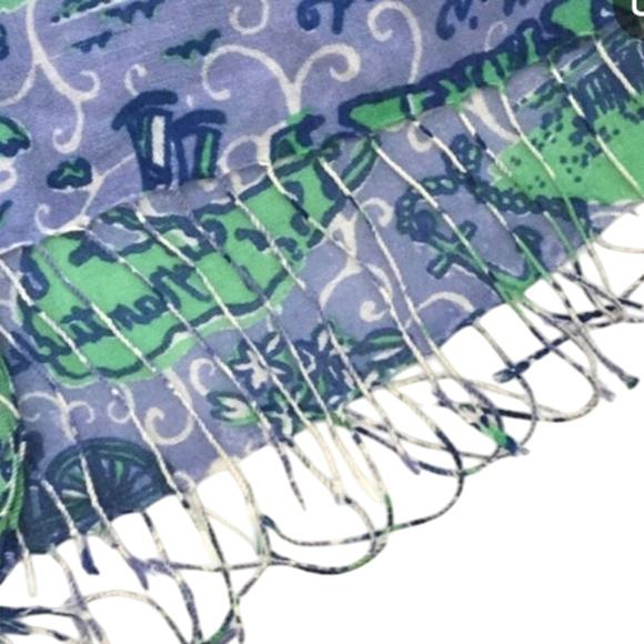 Lilly Pulitzer Retired Murfee Scarf Nantucket Islands Blue Print Silk Cashmere - Picture 4 of 13